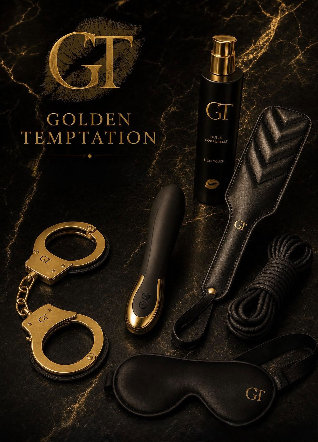 Accessoires Golden Temptation : masque de satin, huile corporelle et menottes dorées