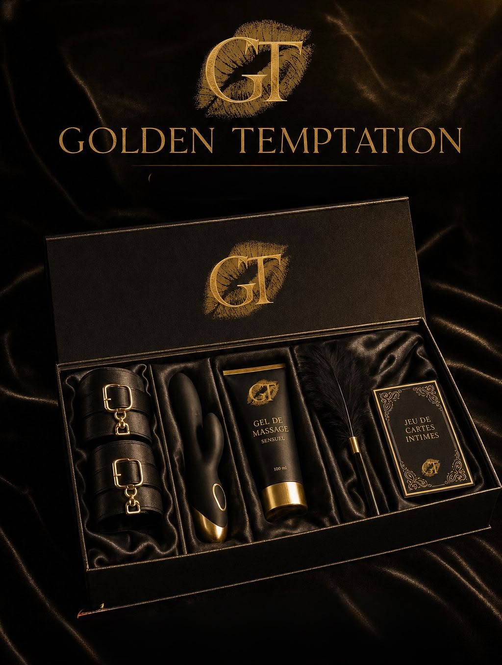 Coffret Golden Box ouvert : sextoy premium, gel de massage, plume et jeu de cartes intimes