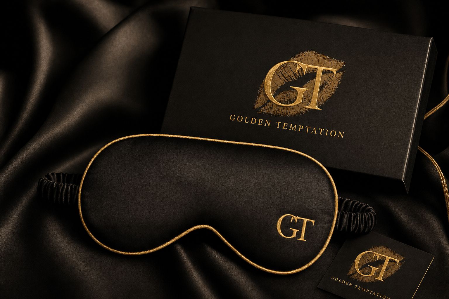 Masque de satin noir et or, accessoire signature Golden Temptation