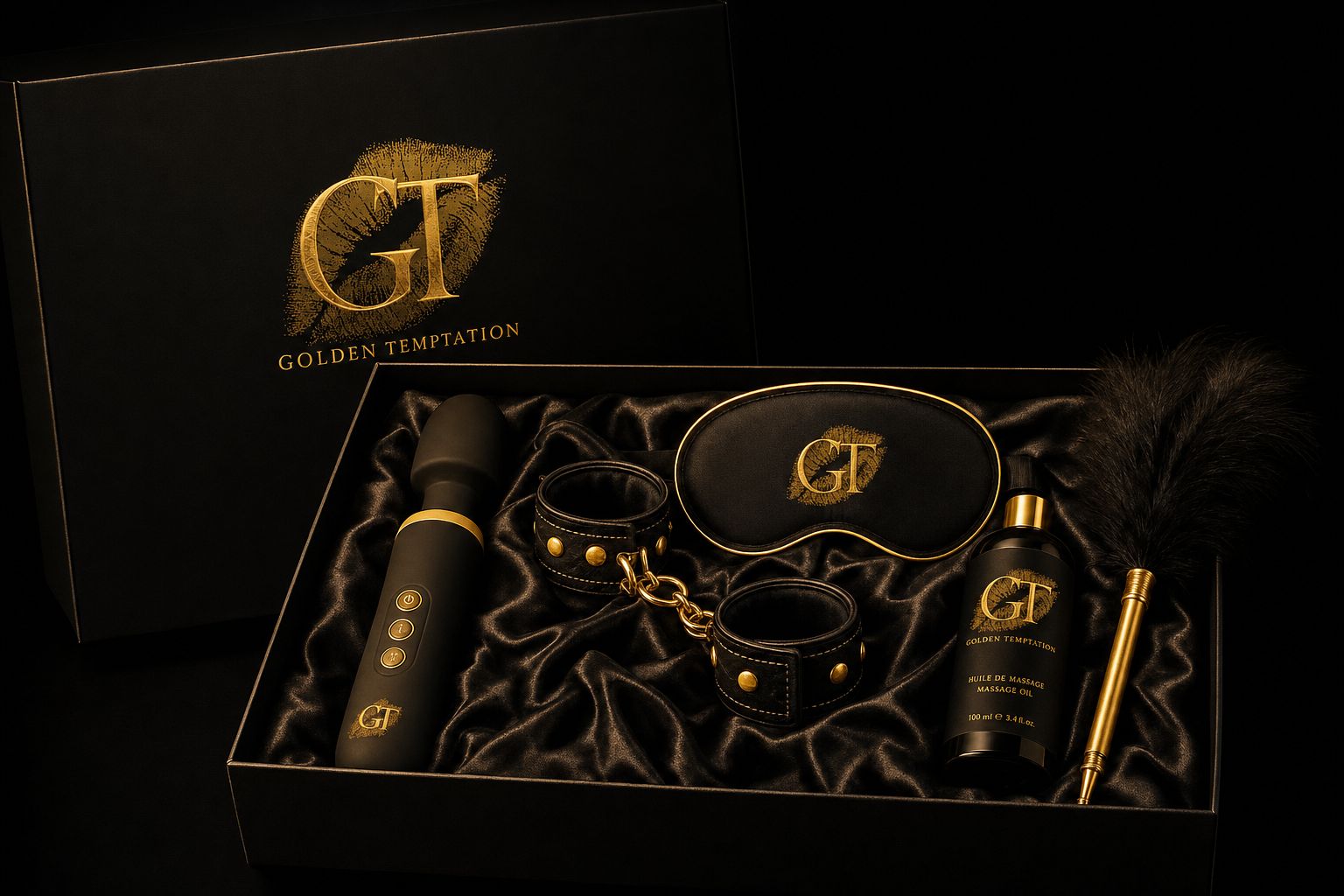 Ouverture de la Golden Box : sextoy premium, menottes, masque et huile de massage
