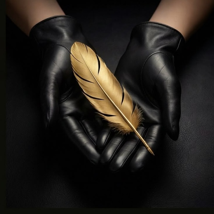 Mains gantées de cuir noir tenant une plume dorée, ambiance Golden Temptation